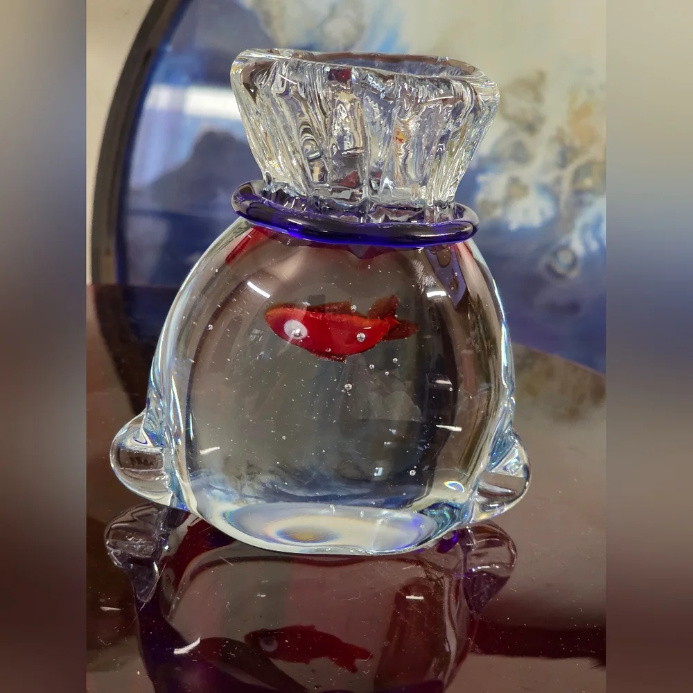 Bella Casa By GANZ Art Glass Paperweight Gold Fish In A Bag Blue Orange